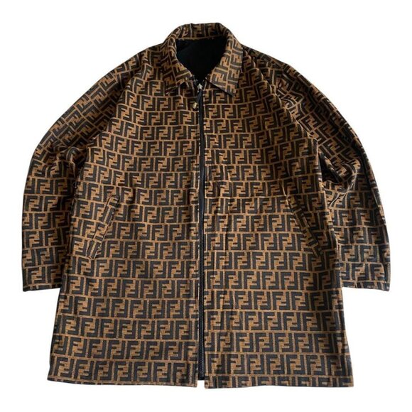 Authentic Fendi Vintage Zucca Monogram Reversible Jacket Trench Coat Brown - Picture 1 of 10